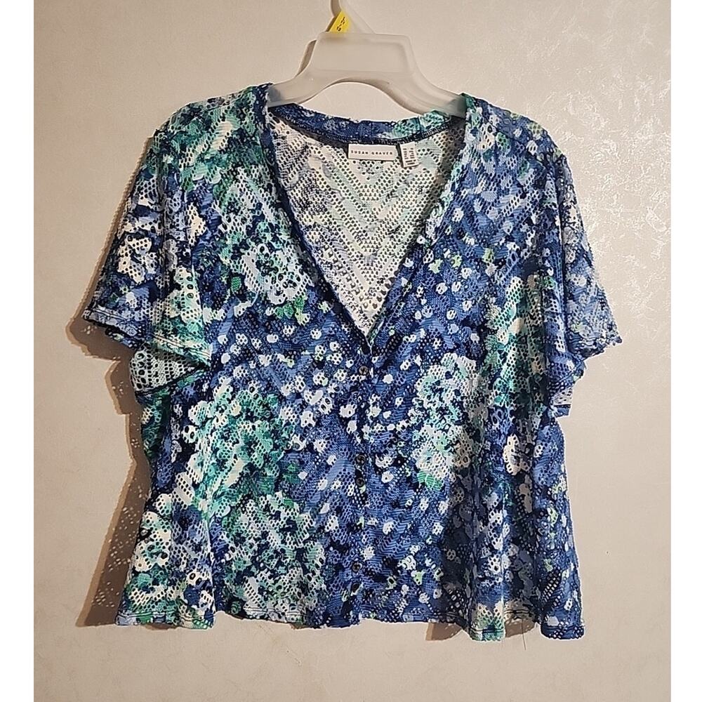 Susan Graver Eyelett Button Up Top Blue Green White Cap Sleeve sz 1X
